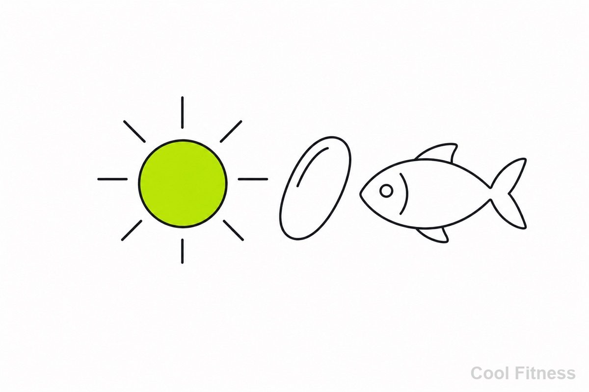 太陽とビタミンDのサプリ、魚を描いた線画イラスト。太陽をボルト色で強調