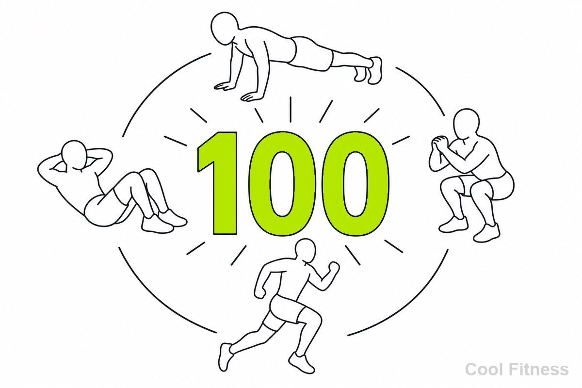 腕立て伏せ・腹筋・スクワットとランニングを毎日くり返す人物と、100という数字を描いた線画イラスト