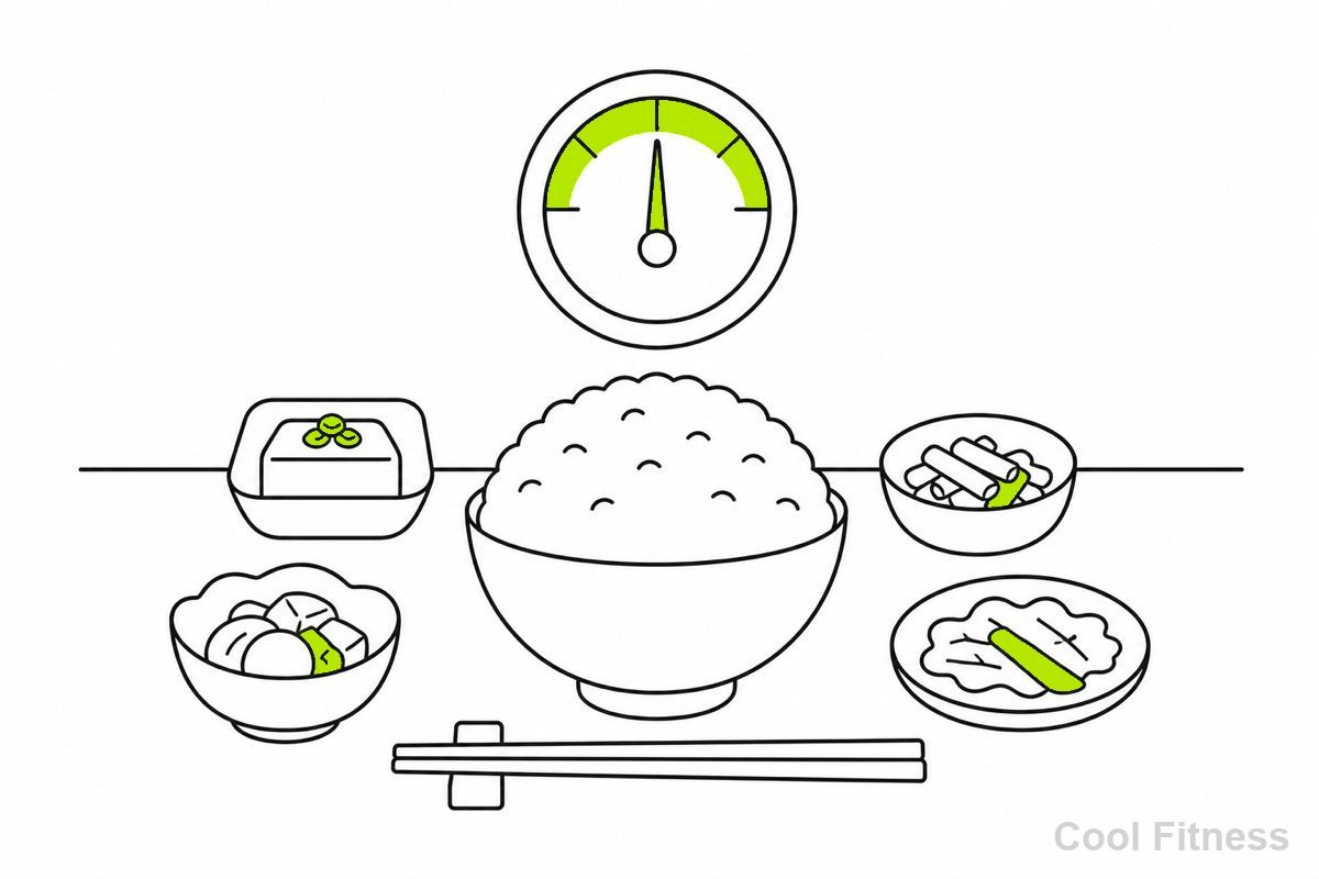 茶碗のごはんとおかずが並んだ食卓で、糖質量の目盛りをゆるめに保つイメージのイラスト