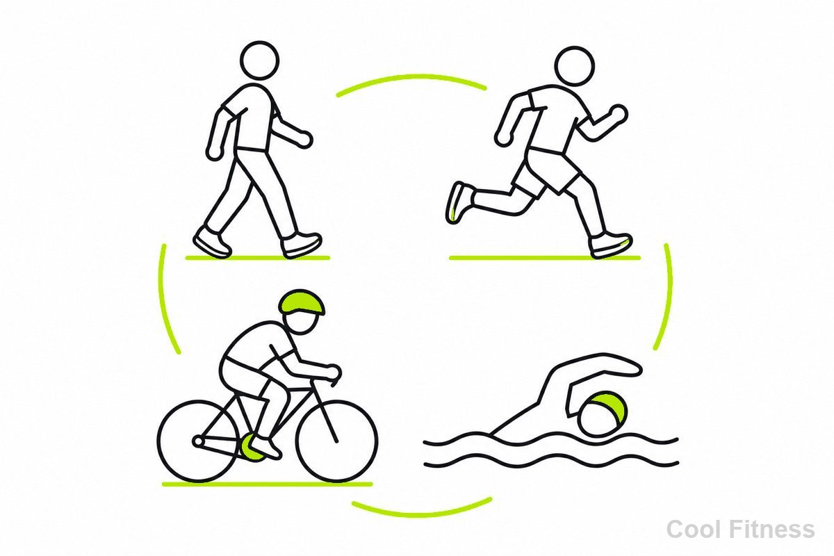 ウォーキング・ランニング・自転車・水泳のアイコンを並べた線画イラスト