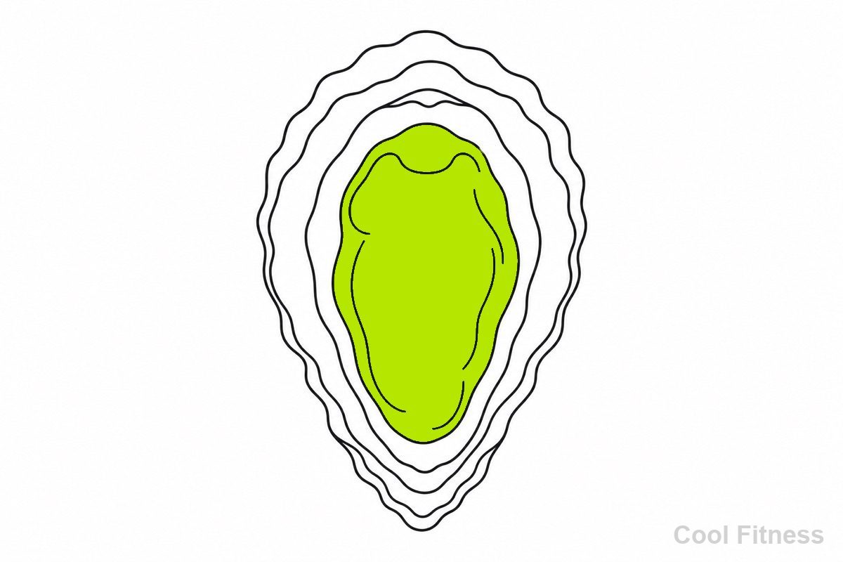 殻を開いた牡蠣の線画イラスト。身の部分をボルト色で強調